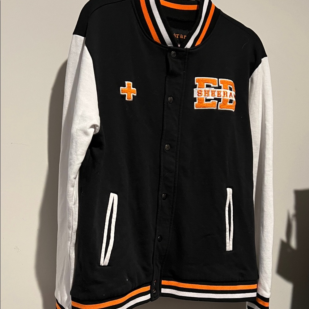 Sheeran Black and White Varsity Jacket with Orange Accents